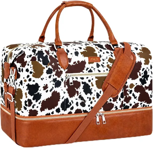 Vista 28 de Bolsa de fin de semana para mujer, bolsa de viaje de nailon, con compartimento para zapatos, tamaño grande 1-beige