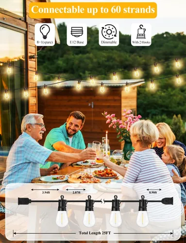 Vista 3 de Brightever Guirnalda de luces para exteriores de 25 pies impermeable, luces LED para patio con 8+1 bombillas Edison S14 inastillables, luces