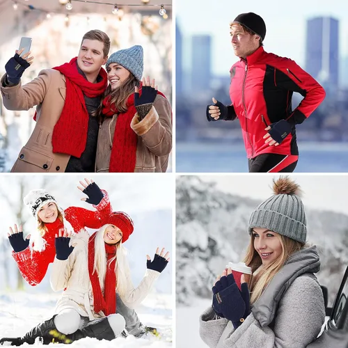 Vista 7 de THINP Guantes sin dedos para mujeres y hombres, guantes de invierno, guantes de lana cálida de punto sin dedos con tapa, guantes convertibles