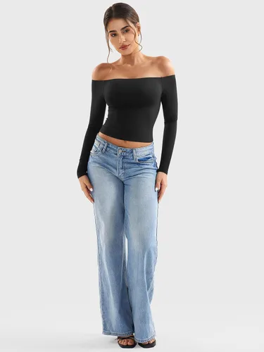 Vista 6 de YEOREO Sophie - Camisetas básicas de manga larga con hombros descubiertos para mujer, con doble forro, para salir Y2K Negro