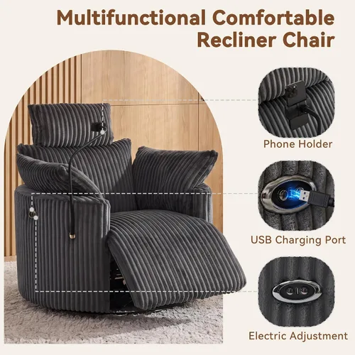 Vista 3 de FOXHUNTER Mecedora mecedora Power Glider, mecedora giratoria de 360°, con puerto de carga USB y soporte para teléfono, reposapiés, para sala