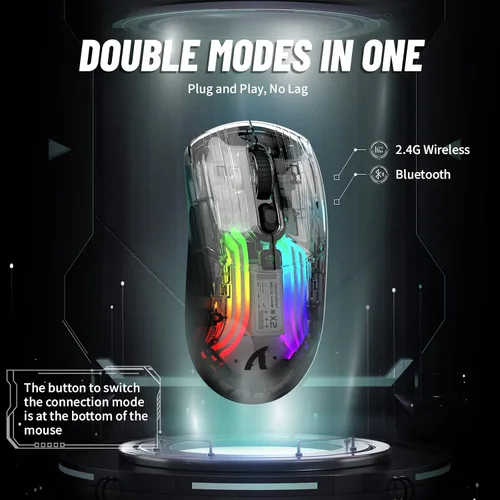 Vista 2 de Mouse inalámbrico para juegos con diseño totalmente transparente, mouse de triple modo 2.4 GUSB-CBluetooth, retroiluminación RGB 3D, mouse