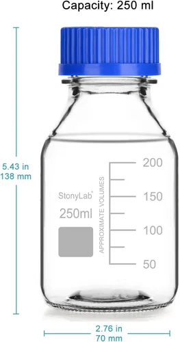 Vista 2 de stonylab Botellas de almacenamiento graduadas con tapa de rosca GL45, 8.5 fl oz de vidrio de borosilicato, botellas redondas de almacenamiento
