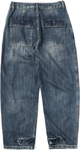 Vista 2 de Pantalones de mezclilla de pierna recta para hombre, holgados, holgados, lavados, desgastados, casuales, vintage, con cremallera, pantalones de moto