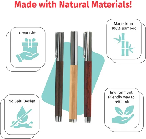 Vista 2 de Pluma estilográfica de bambú de tinta recargable con estuche para caligrafía Opciones personalizadas grabadas con láser Bolígrafo