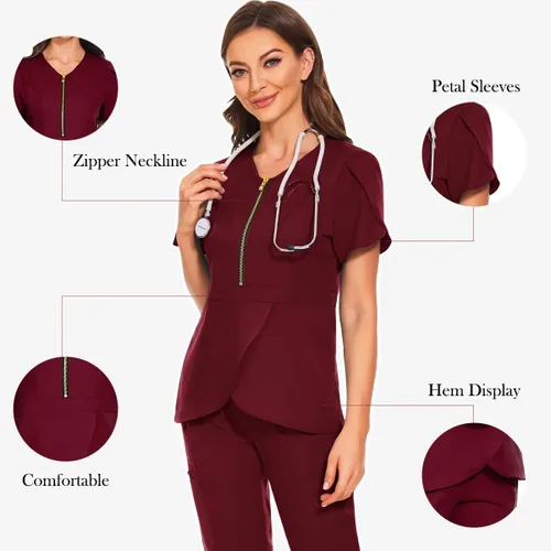 Vista 2 de VIAOLI Conjunto de ropa quirúrgica para mujer con cremallera, conjunto médico de enfermería y pantalón de enfermería, diseño moderno y sexy