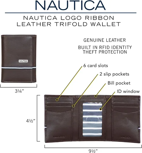Vista 11 de Nautica Men's Trifold Wallet RFID Blocking Protection ID Window Card Slots Genuine Leather Durable