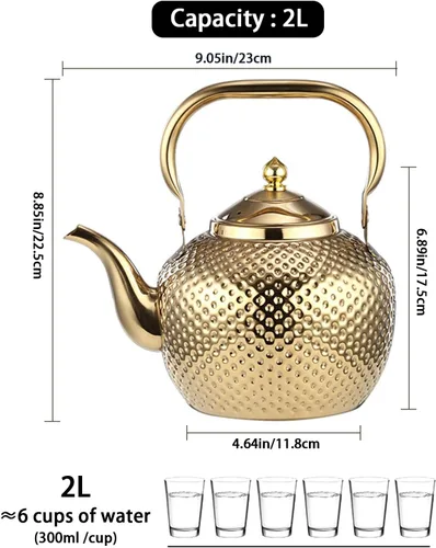 Vista 3 de Tetera para estufa, hervidor de té de acero inoxidable de grado alimenticio, tetera de metal de 2.1 cuartos de galón con colador para té fácil, Oro