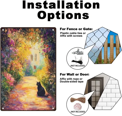 Vista 4 de Cartel de metal retro para decoración de pared con diseño de gato negro y jardín, 8 x 12 pulgadas, pintura al óleo de primavera, póster artístico