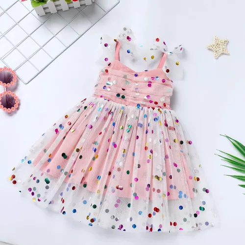 Vista 4 de Vestido tutú para niña, sin mangas, fruncido, vestido de verano con lentejuelas brillantes, lunares, estrellas, princesa, vestido de tul
