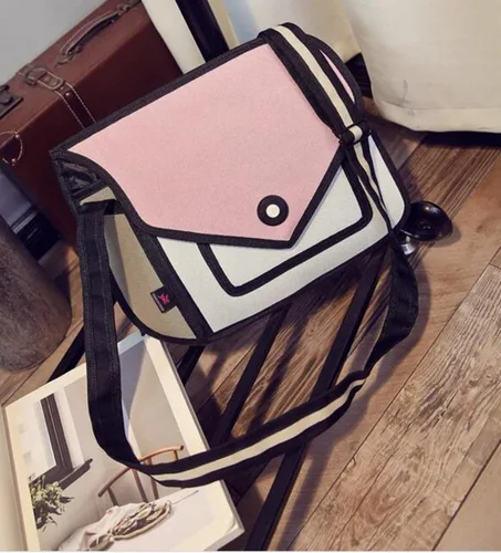 Vista 2 de Bolso de hombro de lona con diseño de dibujos animados en 3D, estilo 2D