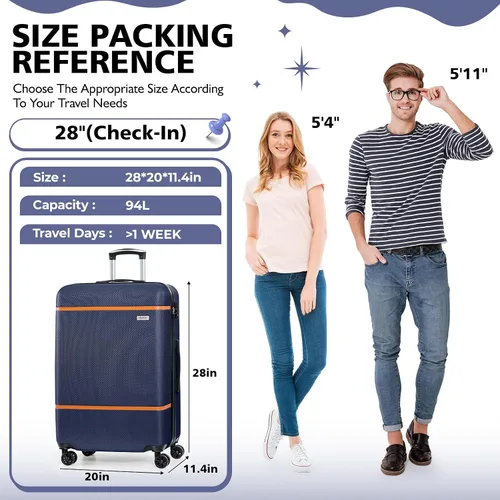 Vista 3 de AnyZip Equipaje ABS+PC Hardside maleta ligera con ruedas giratorias TSA Lock, Azul oscuro