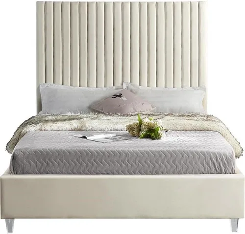 Vista 4 de Meridian Furniture CandaceCream-F Colección Candace Moderna Cama matrimonial tapizada de terciopelo contemporánea, tela de terciopelo crema
