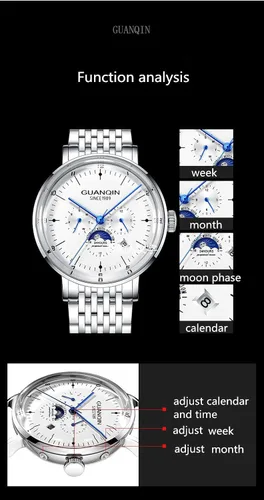 Vista 7 de Guanqin - Reloj de pulsera mecánico analógico automático para hombre, con banda de acero, fase lunar