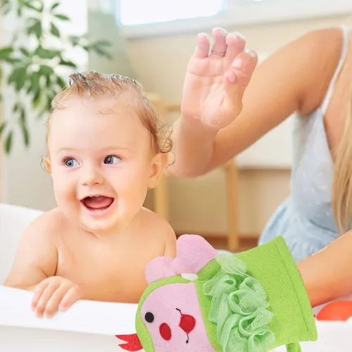 Vista 9 de LALAFINA 3 guantes de baño con bonito patrón de dibujos animados para niños y niñas, exfoliantes de ducha, suministros de baño ligeros y seguros