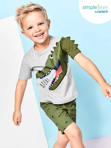 Vista 2 de Simple Joys by Carter's Conjunto de 3 piezas con botones, pantalones cortos y camiseta para niños pequeños y bebés