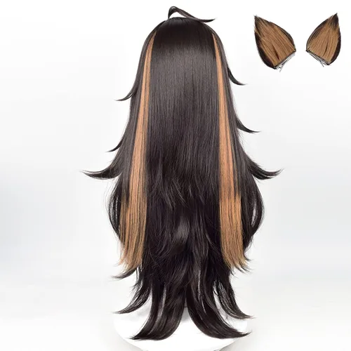 Vista 6 de Genshin Impact Cosplay Peluca para Dehya Sumeru Pelucas de anime con 2 orejas de pelo largo ondulado marrón con gorra de peluca gratis para cómic