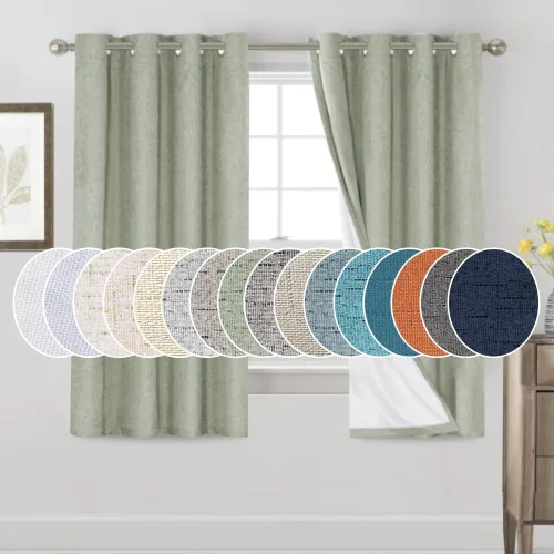 Vista 162 de Cortinas con textura de lino 100% opacas de 64 pulgadas de largo, juego de 2 paneles de cortinas de lino opacas con forro aislante térmico que Arena