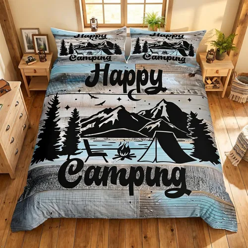 Vista 39 de Erosebridal Juego de funda de edredón de cabaña de cabaña, ropa de cama individual para niños, funda de edredón de campamento feliz, ropa de cama