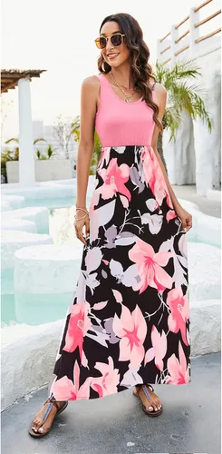 Vista 2 de BLUETIME - Vestido largo de verano, sin mangas, con estampado floral, estilo bohemio, para mujer (S-3XL)