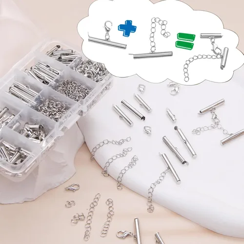 Vista 4 de Kit de cierre deslizante de plata EuTengHao para enhebrado, extremos de cordón de tubo con cierre de langosta, extensor de cadena, accesorios
