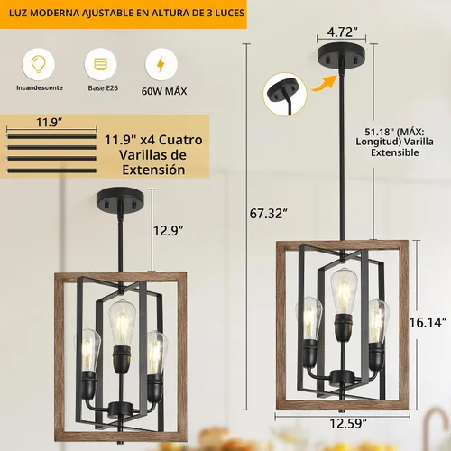 Vista 5 de Lámpara de araña de 3 luces para entrada, color negro y madera