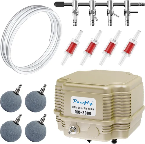 Vista 8 de Pawfly Bomba de aire de acuario de 254 GPH Bomba aireadora de oxígeno silenciosa ajustable con control de flujo de aire multipuerto, divisor