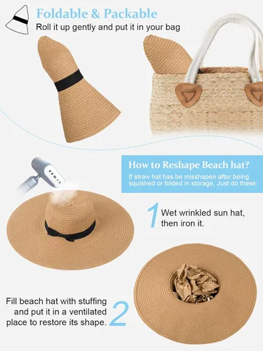 Vista 3 de Sombreros de sol flexibles para mujer, sombrero de playa de paja de ala Caqui