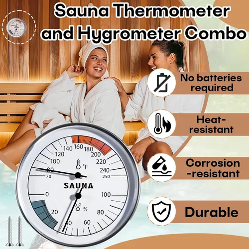 Vista 2 de Termómetro e higrómetro de sauna con 2 tornillos de calibración de termómetro e higrómetro, termómetros de sauna, higrómetros combinados para spa