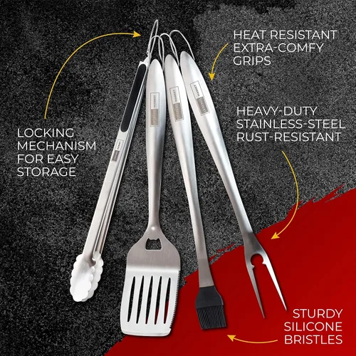 Vista 9 de Juego de herramientas para barbacoa con pinzas, espátula, tenedores, cepillo, kit de parrilla de acero inoxidable para parrilla, accesorios