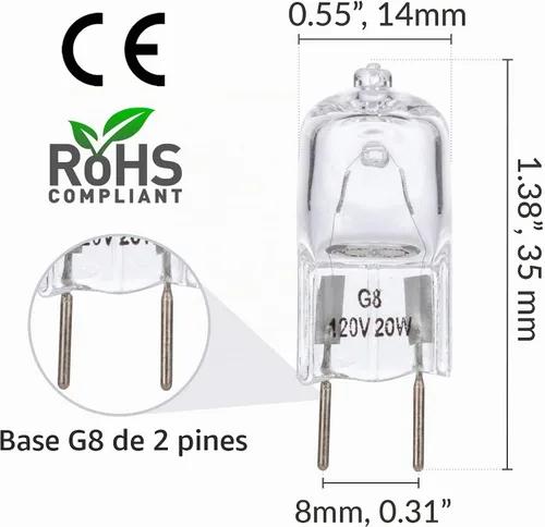 Vista 2 de Simba Lighting Bombilla halógena G8 T4 20W JCD Bi-Pin (paquete de 10) más corta de 1-3/8" (1.38") de longitud para luces de disco debajo