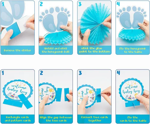 Vista 4 de Centros de mesa de fiesta de baby shower azul para niños, 12 piezas de decoración de panal de baby shower, decoración de bienvenida para niños