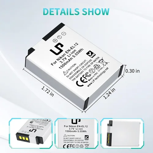 Vista 4 de LP Batería EN-EL12, paquete de 2 baterías de 1500 mAh compatibles con Nikon Coolpix A1000, B600, Coolpix AW130, A900, W300, S1200pj, S9900, S9500