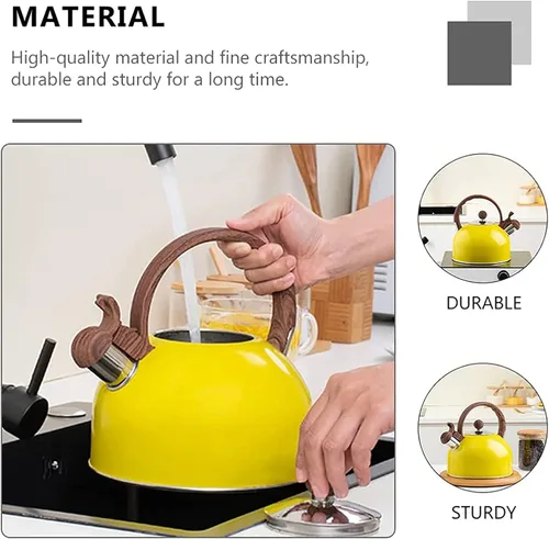 Vista 6 de Vilihkc Hervidor de té de acero inoxidable con mango anticalor de grano de madera, 2.6 cuartos de galón/2.5 litros, silbidos fuertes para té, café