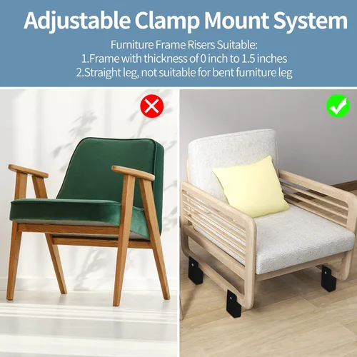 Vista 4 de Elevadores de cama con abrazadera de tornillo ajustable, se adapta a grosor de marco de muebles de 0 a 1.5 pulgadas, elevación en altura de 2