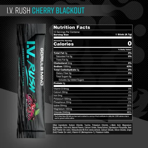 Vista 2 de Gorilla Mind I.V. Rush™ Mezcla de bebidas con electrolitos - 3,760 mg de electrolitos, sin azúcar, sin edulcorantes artificiales Polvo