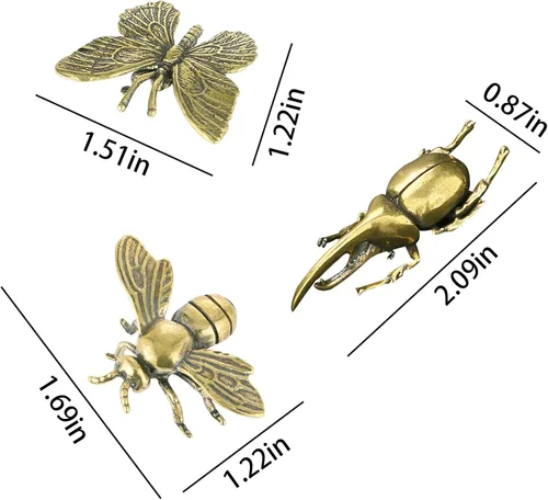 Vista 4 de SnowOwl Figura de mariposa dorada, 3 piezas de estatuas de abeja de latón vintage, adorno de animal de metal sólido, mini escultura de escarabajo