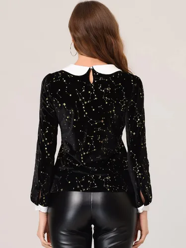 Vista 4 de Allegra K Blusa de terciopelo con cuello Peter Pan de manga larga para mujer