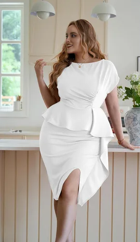 Vista 3 de GOBLES Elegante vestido de cóctel de manga corta con cuello bote y abertura lateral para mujer
