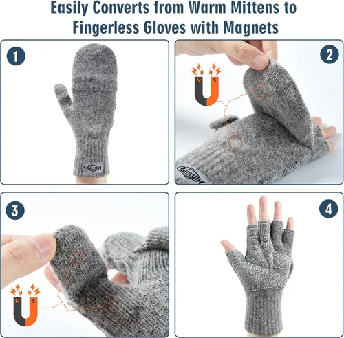 Vista 2 de Palmyth Guantes de pesca en hielo convertibles con imanes, sin dedos, de lana, abrigados para clima frío e invierno, para hombres y mujeres