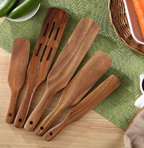 Vista 4 de MESSON Juego de espátulas de madera, 5 piezas, herramientas de cocina de madera de primera calidad, espátula de madera, cucharas, utensilios