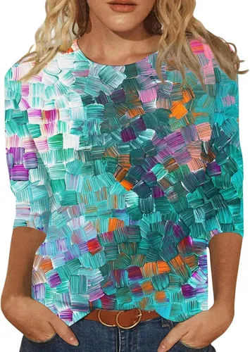 Vista 53 de Camisetas personalizadas para mujer, a la moda, casual, de séptima manga, estampada, cuello redondo, camiseta