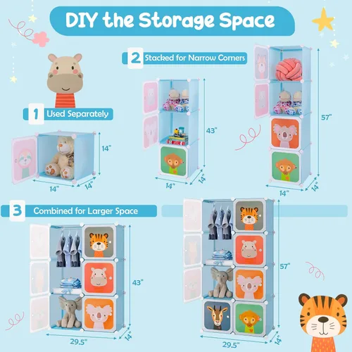 Vista 3 de HONEY JOY Armario para niños, organizador de almacenamiento de ropa de dibujos animados para bebés, 8 cubos y 2 secciones para colgar, armario Azul