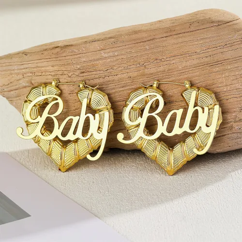Vista 5 de Aretes de aro de bambú chapados en oro de 18 quilates para mujer, diseño de corazón redondo grande, estilo ghetto de los años 8090, accesorios