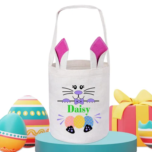 Vista 14 de Touber Cesta de Pascua, canastas de Pascua de algodón personalizadas para niñas y niños, rectangular, cestas de caza de huevos de Pascua con orejas