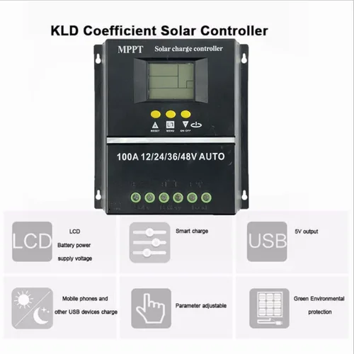 Vista 2 de BVCL Controlador de carga solar MPPT 100A, detección automática de 12V-48V, pantalla LCD, puerto USB, negro