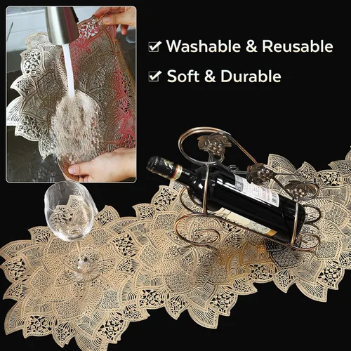Vista 7 de FAVE Camino de mesa dorado de 36 pulgadas con forma de flor, camino de mesa corto lavable para bodas, banquetes, cumpleaños, fiestas, restaurantes