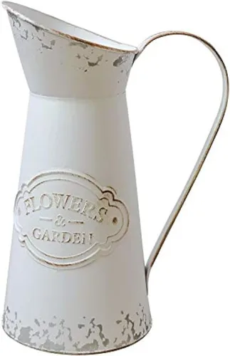 Vista 8 de Jarrón rústico para flores, pequeña jarra de metal blanco Shabby Chic, jarrón de granja para el hogar, cocina, sala de estar, 8.7 pulgadas (blanco)
