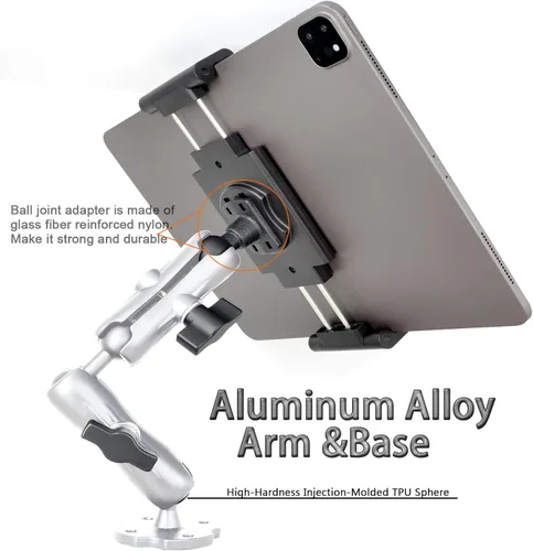 Vista 2 de VAUBORTTI Soporte de aluminio resistente para tablet de doble brazo con base de taladro de rotación de 360° de 4 puntos, se adapta a tabletas de 6.5