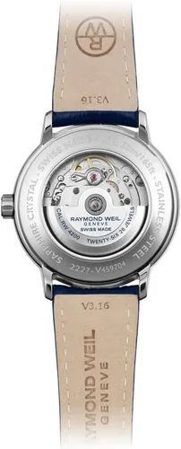 Vista 4 de Raymond Weil Maestro Blues Reloj automático con rueda de equilibrio visible para hombre, esfera azul, números romanos, correa de cuero azul, 1.555